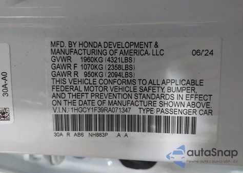 2024 Honda Accord Ex из США, поврежденный, VIN 1HGCY1F39RA071347